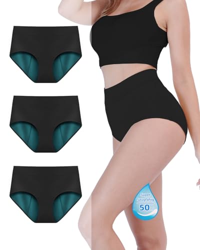 TIICHOO Periodenunterschwäsche Starke Blutung Hohe Taille Unterhosen Damen Bequem Menstruationsunterwäsche 3er Pack (S, 3 Schwarz) von TIICHOO