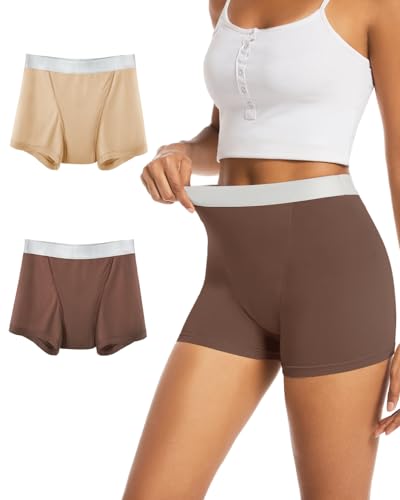TIICHOO Periodenunterschwäsche Starke Blutung Saugfähigkeit Perioden Boxershorts Menstruation Unterwäsche 2er Pack(X-Large, Beige/Kakaobraun) von TIICHOO