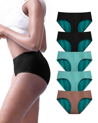 TIICHOO Periodenunterschwäsche Starke Blutung Weich Unterhosen Damen Menstruationsunterwäsche 5er Pack (L, 2Schwarz/2Türkisblau/1Braun) von TIICHOO