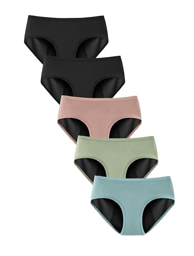 TIICHOO Periodenunterschwäsche Starke Blutung Weiche Bequem Damen Hipster Menstruationsunterwäsche 5er Pack(XS, 2 Schwarz/Roségold/Matcha Grün/Türkis Grün) von TIICHOO