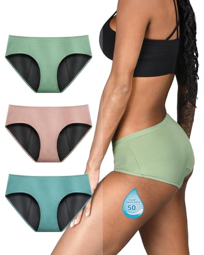 TIICHOO Periodenunterschwäsche Starke Blutung für Menstruation Wochenbett Schwangerschaft Unterhosen Damen 3er Pack (3XL, Matcha Grün/Türkis Grün/Roségold) von TIICHOO