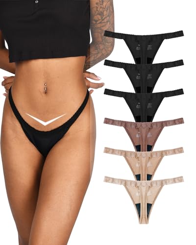 TIICHOO Periodenunterschwäsche String Sexy Spitze Menstruationsunterwäsche Thong Perioden Unterwäsche Tanga 6er Pack(S, 3 Schwarz/Braun/Nude/Beige) von TIICHOO