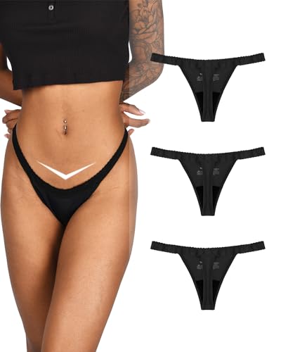 TIICHOO Periodenunterschwäsche Thong Damen Spitze Weiche V-Taille String Tanga Menstruation Unterhose 3er Pack(M, 3 Schwarz) von TIICHOO