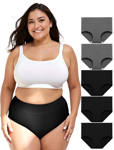 TIICHOO Slip Damen Baumwoll Unterwäsche Große Größen Hohe Taille Unterhosen Damen 5er Pack (3XL, 3 Schwarz, 2 Grau) von TIICHOO