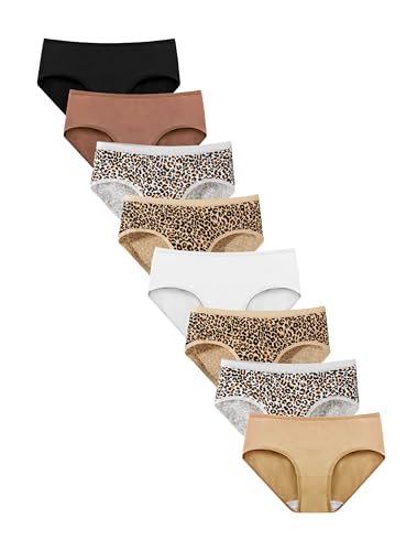 TIICHOO Unterhosen Damen Baumwolle Weich Bequeme Hipster Damen Unterwäsche 8er Pack(2XL,Schwarz/Beige/Kaffee/Weiß/2 Gelber Leopard/2 Weißer Leopard) von TIICHOO