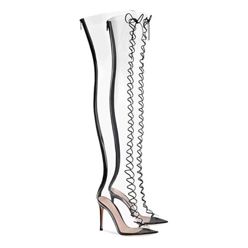 TIKENBST High Heels 13cm Kniehohe Stiefel Feiner Absatz Transparentes PVC,Transparent-40 von TIKENBST