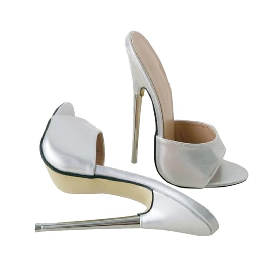 TIKENBST High Heels PU Leder 18CM Schuhe Party Schuhe Frauen Open Toe Sommer Frühling Sandalen,Silver-42 von TIKENBST
