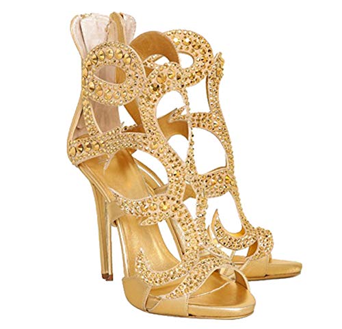 TIKENBST High Heels Sandalen Sommer Luxus Stiletto Damenschuhe Partyschuhe Goldene Strasssteine,Gold-44 von TIKENBST