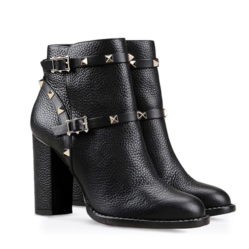 TIKENBST High Heels Stiefeletten Dicker Absatz Herbst Und Winter Metall Schnalle Niet Schuhe,Black-42 von TIKENBST
