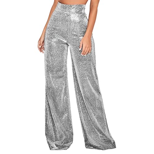 Glitzerhose Damen, glitzernde Hose mit hoher Taille, Funkelnde glitzernde Freizeithose, glänzende Hose, Reißverschluss hinten, lockere Schlaghose, Clubwear zum Ausgehen, elastische, weiche Tileze von TILEZE