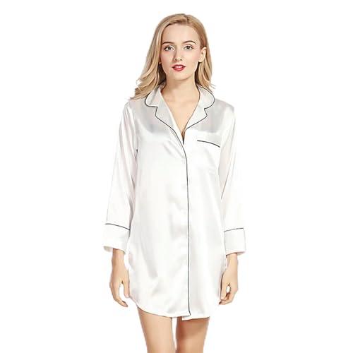 TILEZE Damen Seiden-Nachthemd Nachtwäsche Langarm Nightshirt Satin Sleepshirt Button Vorderpyjama -Oberteil Für Frauen von TILEZE