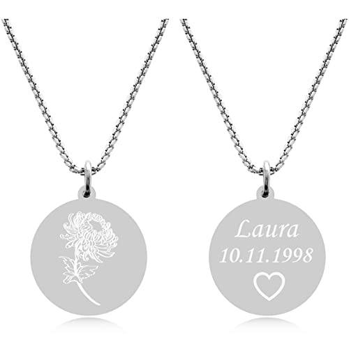 TIMANDO Damen Geburtsblume Kette mit Gravur - Personalisierte Kette - Namenskette Geburtstag - Florale Blumen Halskette (November - Chrysantheme) von TIMANDO