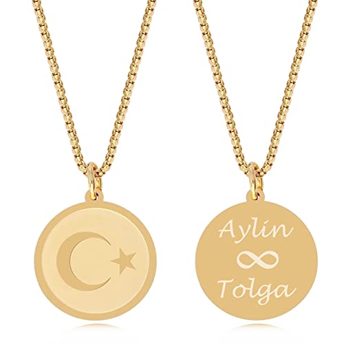 TIMANDO Damen Namenskette Türkei, Ay Yildiz Kette mit Gravur, Anhänger Türkischer Halbmond Stern Flagge, Personalisierte Halskette Namen (goldfarben) von TIMANDO