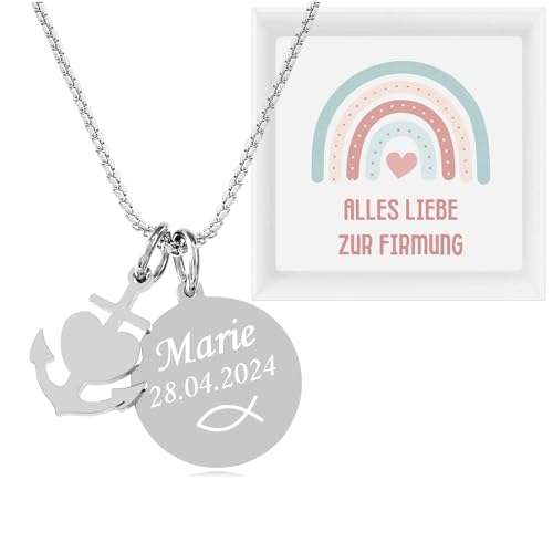 TIMANDO Damen Personalisierte Kette mit Anhänger + Botschaft im Deckel, Geschenk zur Firmung Kommunion Konfirmation Taufe, Halskette Kreuz, Herz, Fisch (Glaube Liebe Hoffnung - Firmung) von TIMANDO