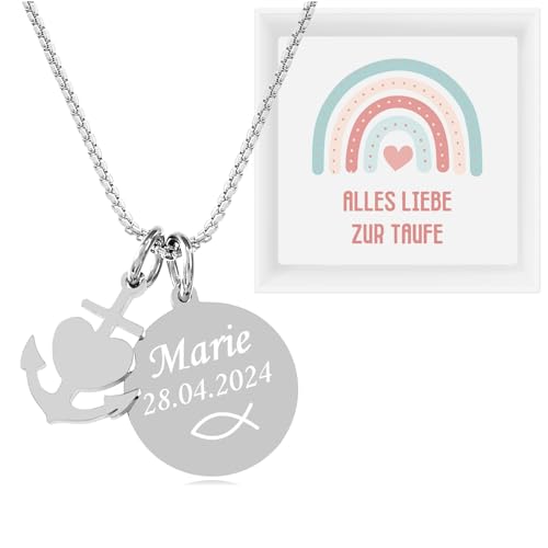 TIMANDO Damen Personalisierte Kette mit Anhänger + Botschaft im Deckel, Geschenk zurTaufe Kommunion Konfirmation Firmung, Halskette Kreuz, Herz, Fisch (Glaube Liebe Hoffnung - Taufe) von TIMANDO