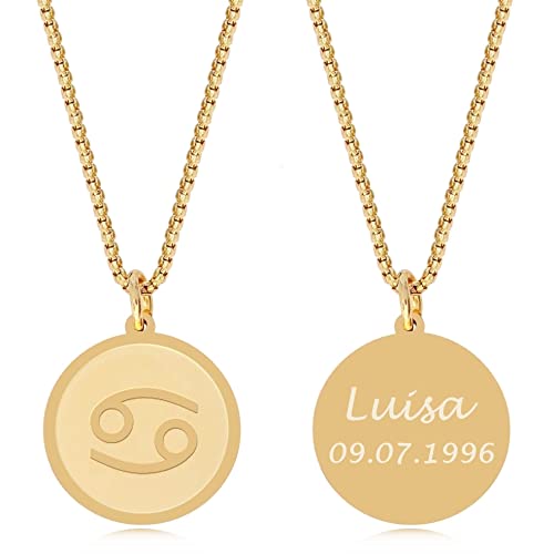 TIMANDO Damen Sternzeichen Kette Krebs mit Gravur, Personalisierte Halskette mit Namen in goldfarben, Horoskop Anhänger, Geburtstagsgeschenk von TIMANDO