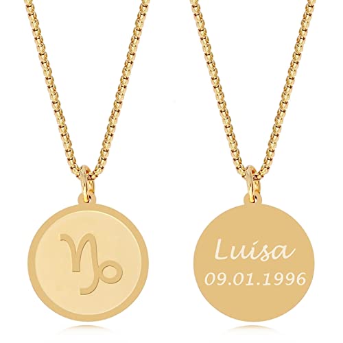 TIMANDO Damen Sternzeichen Kette Steinbock mit Gravur, Personalisierte Halskette mit Namen in goldfarben, Horoskop Anhänger, Geburtstagsgeschenk von TIMANDO