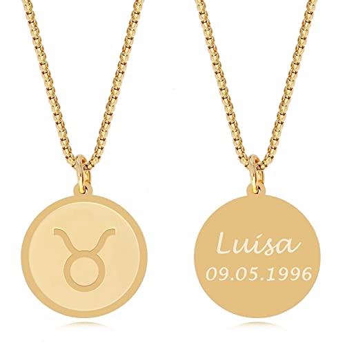 TIMANDO Damen Sternzeichen Kette Stier mit Gravur, Personalisierte Halskette mit Namen in goldfarben, Horoskop Anhänger, Geburtstagsgeschenk von TIMANDO