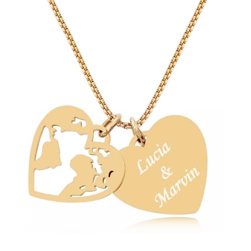 TIMANDO Damen Herz Namenskette Weltkarten Kette mit Gravur Personalisierte Halskette Weltkugel Anhänger Globus Kettenanhänger goldfarben von TIMANDO