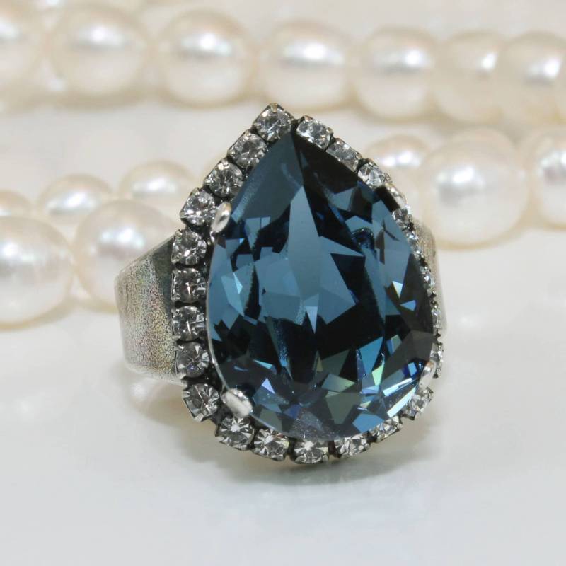 5mm Kristallschliff Kristall Denim Blau Braut Teardrop Einstellbar Cocktail Ring Marine-Hochzeits-Schmucksachen, Antikes Silber, Denim-Blau, Sor57 von TIMATIBO