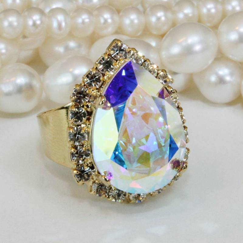 Ab Braut Ring European Crystal Clear Weiß Teardrop Einstellbar Cocktail Brautjungfern Aurora Borealis Hochzeit Schmuck, Gold, Ab, Gr57 von TIMATIBO