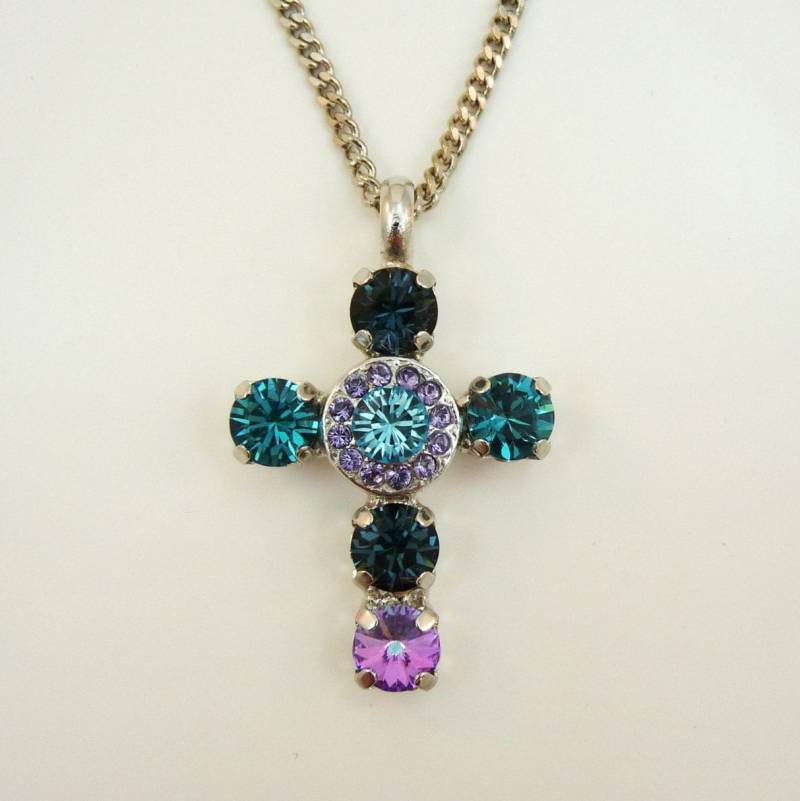 Aqua Blau Kreuz Anhänger, Taufe Geschenk Für Patin, Lila Und Türkis Halskette, Christlicher Schmuck, Religiöse Strass Anhänger, Sn32 von TIMATIBO