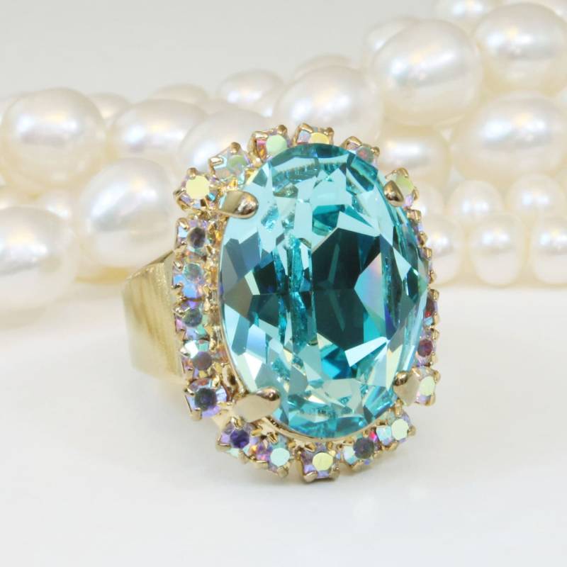 Aqua Blue Cocktail Kristall Ring Helltürkis Ab Einstellbare Oval Statement Ring, European Crystal, Gold, Gr39 von TIMATIBO