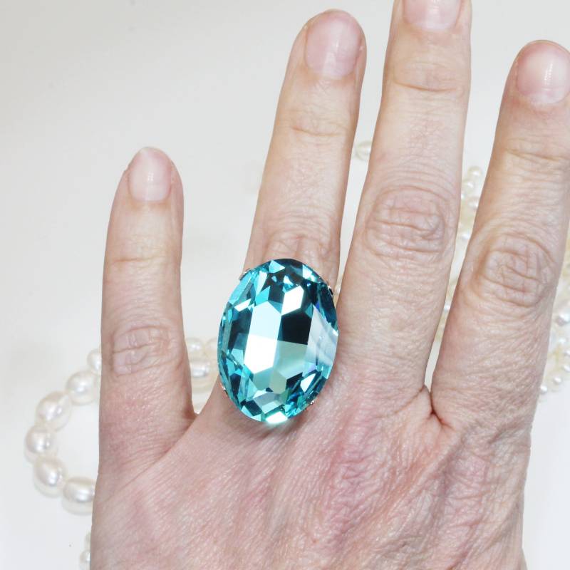Aqua Blue Kristall Oval Brautring Sommer Oversize Cocktail Teal Hochzeit Einstellbar, Türkis, Gold, Grau, Gr62 von TIMATIBO