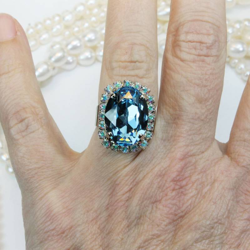 Aquamarin Cocktailring, Ovaler Kristallring, Blauer Verstellbarer Ring, März Geburtsstein Schmuck, Mutter Der Braut Geschenk, Statement Sr39 von TIMATIBO