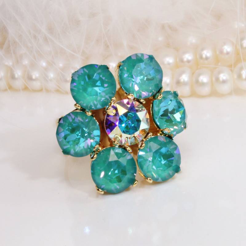 Aquamarin Ring Blau Grün European Kristall Strand Hochzeit Blume Verstellbar Oversize Brautjungfer Sommer Bühne Ziehen Schmuck, Gold, Laguna von TIMATIBO