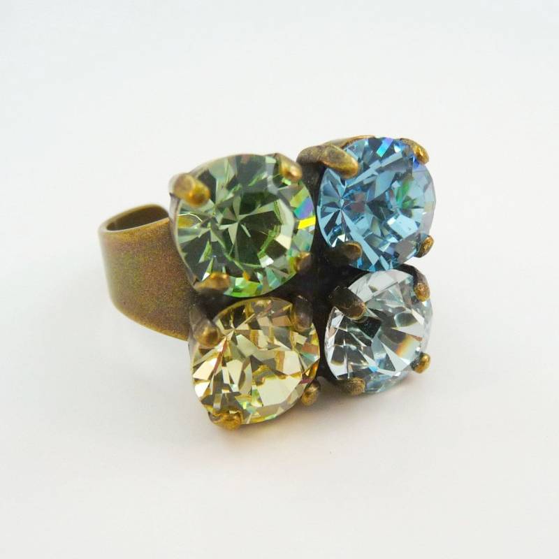 Blau Grün Aqua Gelb Verstellbarer Ring Cocktail-Ring-Statement-Ring 8 Mm European Kristall Strass Messing-Finish, Gelb, Oasis Br3 von TIMATIBO