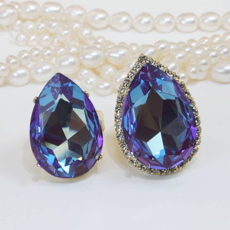 Blau Lila Ring Braut Anweisung Cocktail Regenbogen Burgund Hochzeit Oversize European Crystal Teardrop Einstellbarer Ring, Burgundy Delite, Gr64 von TIMATIBO