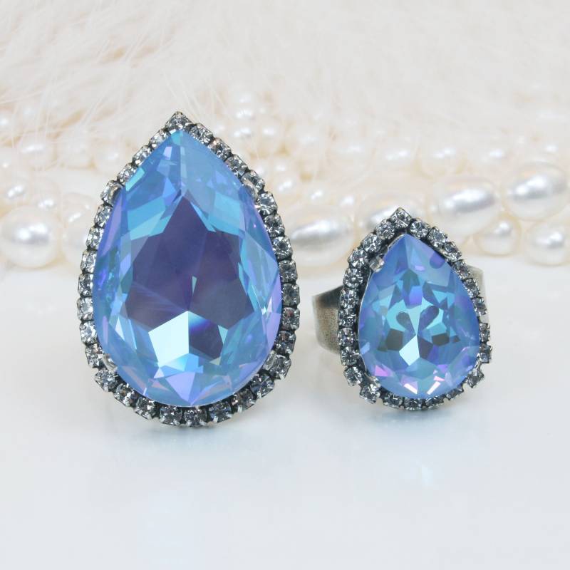 Blauen Kristall Ozean Blau Teardrop Statement Oversize Big Ring Braut Hochzeit Strand, Hochzeit, Antik Silber, Ocean Delite, Sor64 von TIMATIBO