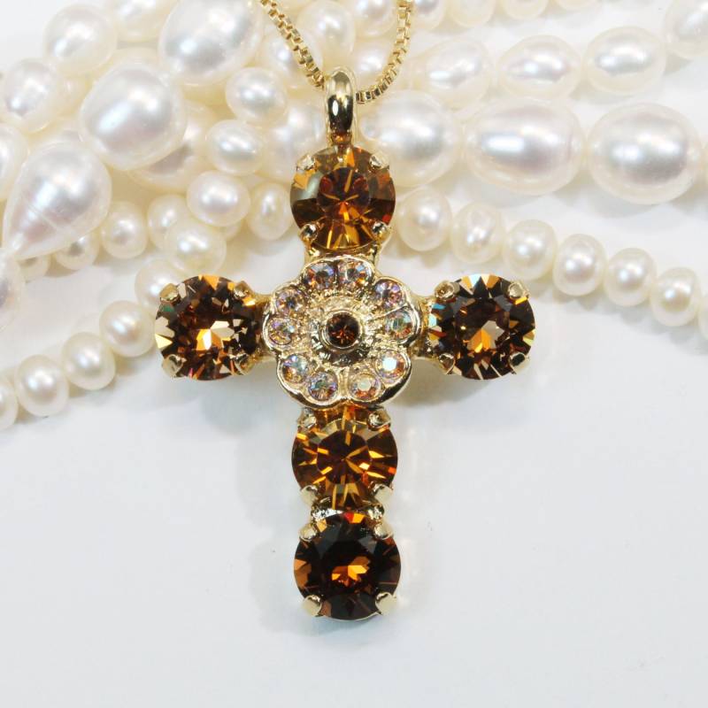 Braune Kreuz Halskette, Topas Kristall Strass Anhänger, Taufgeschenk Für Patin, Religiöse Halskette, Taufgeschenk, Gn28 von TIMATIBO