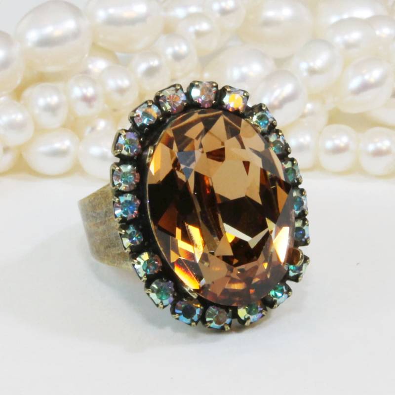 Brauner Ring, Ovaler Kristallring, Verstellbares Band Cocktailring, Brautring, Ab Halo-Ring, Brauner Schmuck, Messing, Heller Rauchtopas, Br39 von TIMATIBO