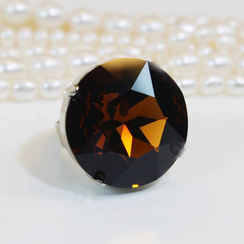Brauner Ring Cocktail Statement European Crystal Smoked Topaz Braun Oversize Braut Verstellbarer Hochzeit, 27mm, Gold, Rauchtopas, Gsr63 von TIMATIBO