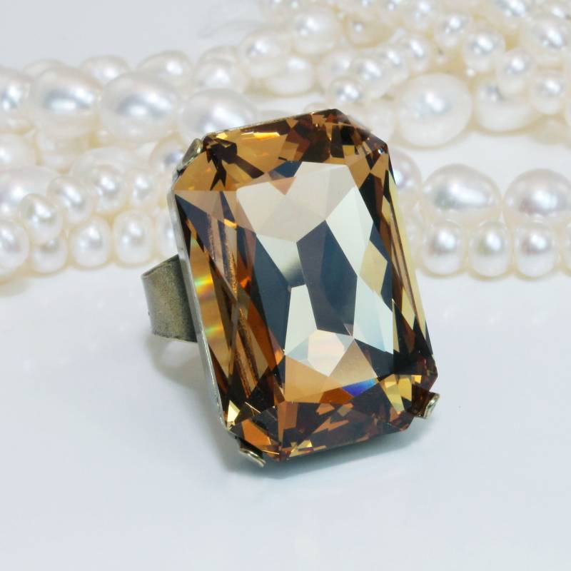 Brauner Ring Kristall Statement Braut Big Cocktail Herrenschmuck Oversize Rechteck Brautjungfern Braun Hochzeit, Light Colorado, Brass, Br59 von TIMATIBO