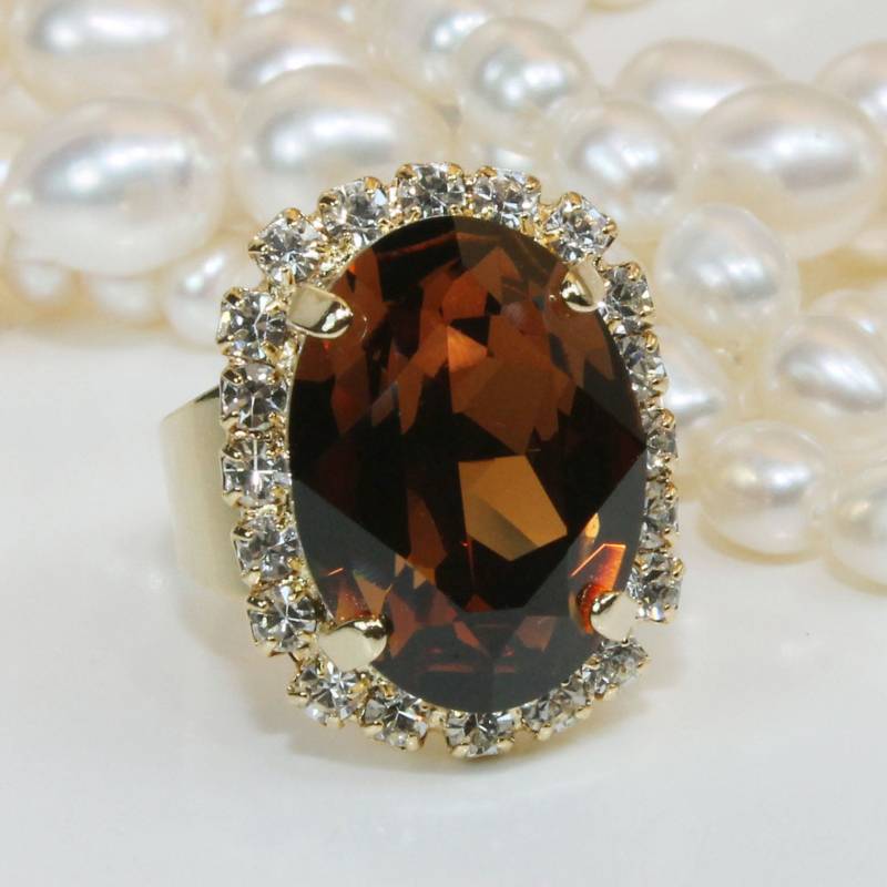 Brauner Topas Ring, Rauchtopas Cocktailring, Edelstein Oval Halo Großer Kristall Patin Geschenk, Schmuck Gr39 von TIMATIBO