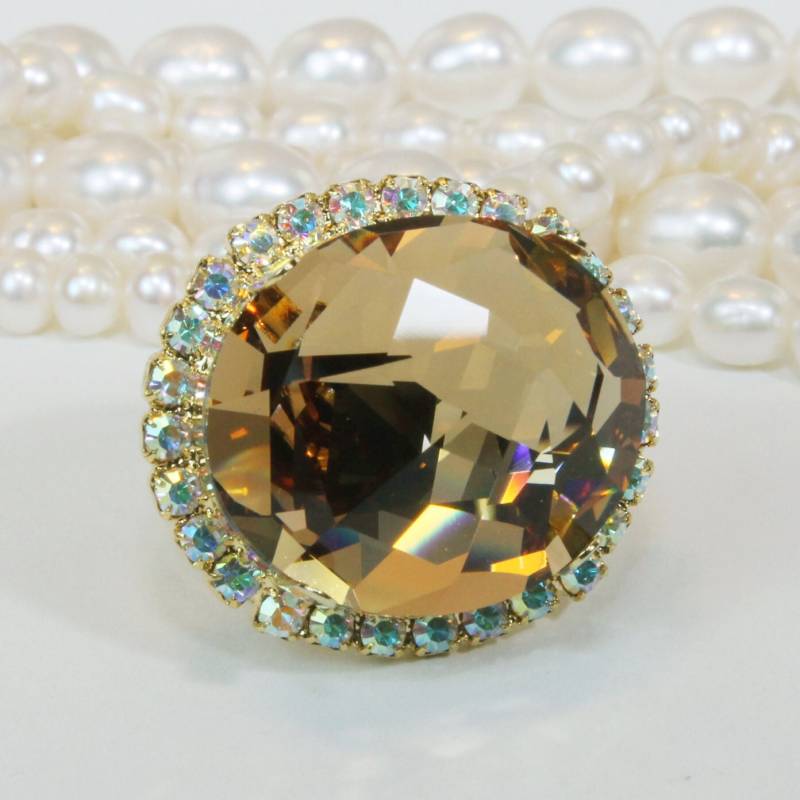 Brown Ring European Kristall Braut Champagner Cocktail Oversize Einstellbar Ab Halo Statement Nautilus Cut, Gold, Gr49 von TIMATIBO