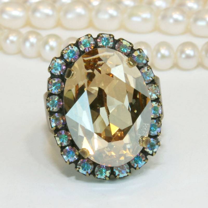 Champagner Braun Ring Einstellbar Cocktail European Kristall Ab Oval Brautring Statement Hochzeitsschmuck, Messing, Golden Shadow, Br39 von TIMATIBO