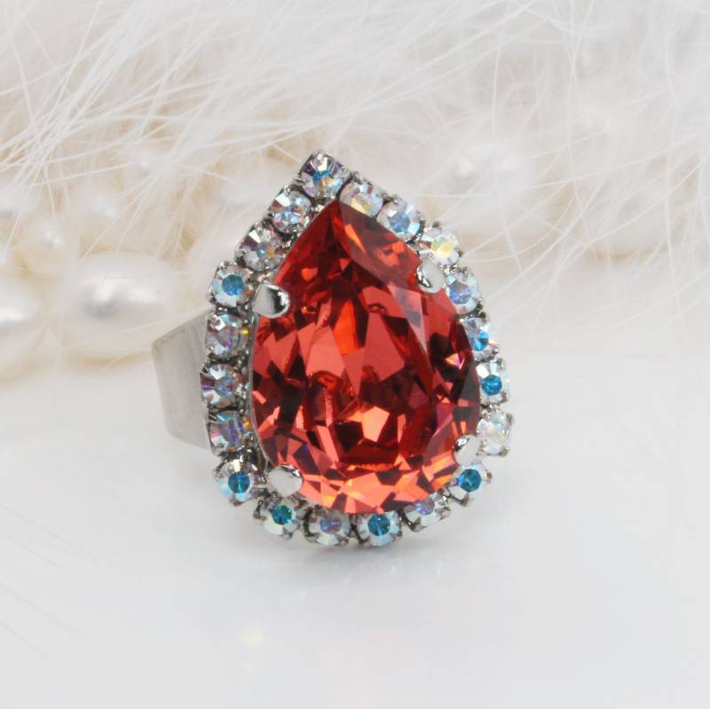 Coral Kristall Ring Träne Tropfen Braut Wassermelone Lachsrosa Hochzeit Cocktail Ab Halo Hochzeit, Silber, Padparadscha, Sr57 von TIMATIBO