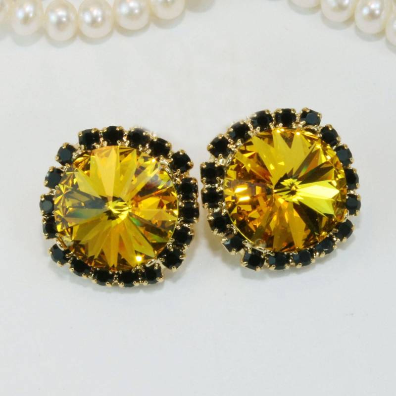 Gelb Schwarz Large Stud Ohrclips Pittsburgh Steelers Vcu Rmc Pirates Penguins European Crystal 14 Mm, Halo, Gold, Sonnenblume, Ge110 von TIMATIBO