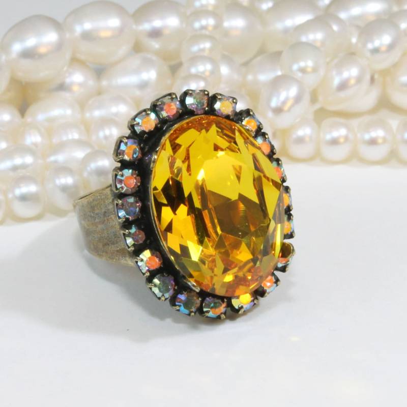 Gelber Ring Gelb Cocktail Verstellbarer Kanarienvogel Sonnenblume Ab Kristall Oval Ring, Messing, Sonnenblume, Br39 von TIMATIBO