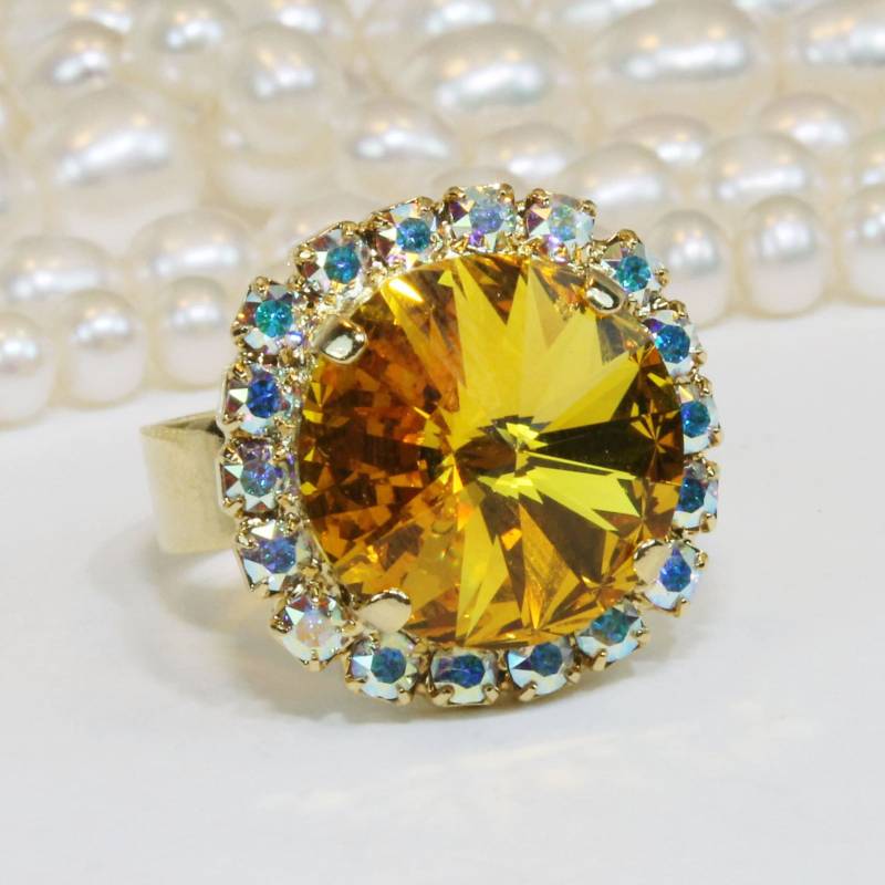 Gelber Ring Kanarienvogel Gelb Hochzeit Braut Sonnenblume Cocktail Kristall Verstellbarer Ab Halo 14mm Rivoli, Gold, Sonnenblume, Gr55 von TIMATIBO