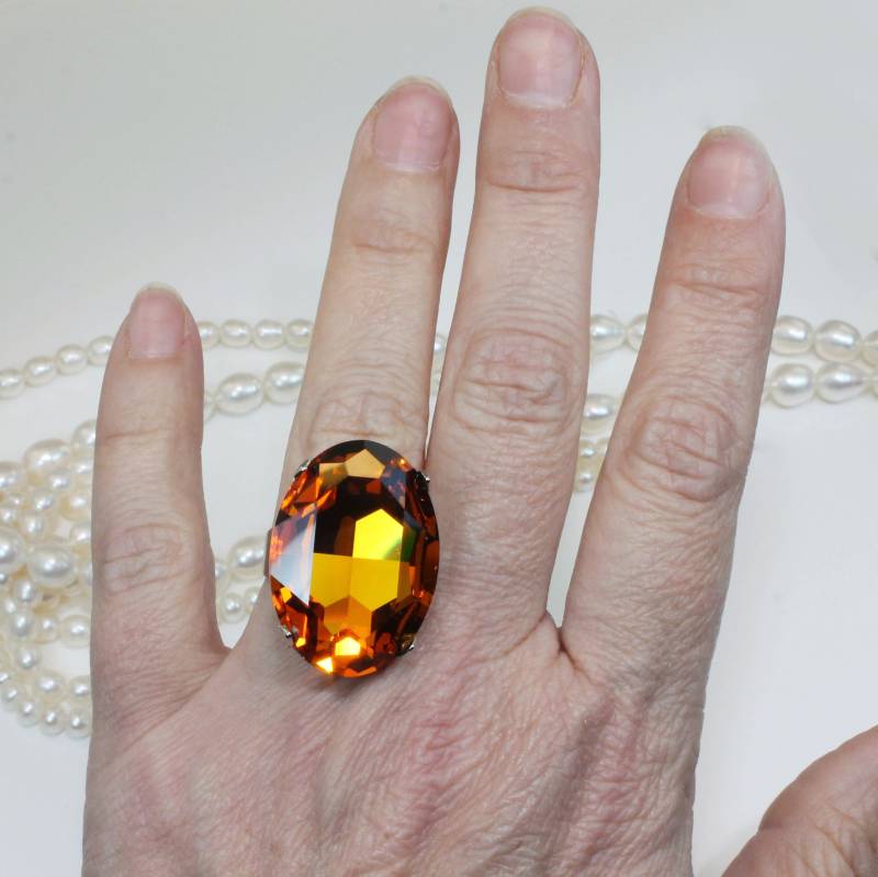 Gelber Topas Ring European Kristall Statement Oversize Big Cocktail Einstellbar Braut Oval Hochzeit November Birthstone, Gold, Topaz, Gr62 von TIMATIBO