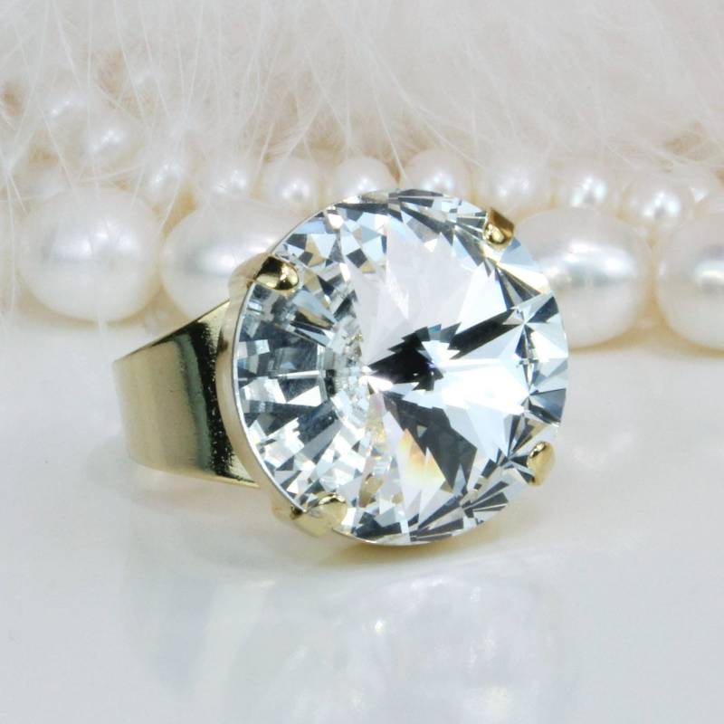 Klaren Ring Kristall Klar Weiß Einstellbar Cocktail Braut Hochzeit Brautjungfern Statement 18mm Rivoli, Kristall, Gold, Gr47 von TIMATIBO