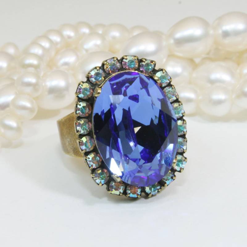Königsblauer Ring Cocktailring Sapphire Blau Kristall Verstellbarer Ab Oval Messing Saphir von TIMATIBO