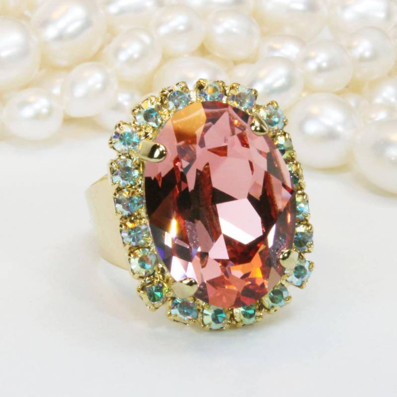 Koralle Cocktailring Pink Pfirsich Ring Verstellbar, Ab Halo European Kristall Oval Coral Statement Hochzeit, Gold, Rose Peach, Gr39 von TIMATIBO