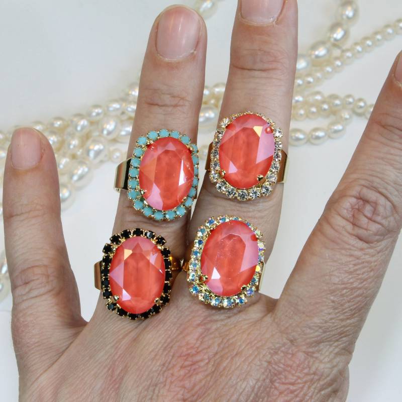 Koralle Ring, Schaumkoralle Cocktail Brautring Pfirsich Hochzeit Brautring, Ab Oval Brautjungfer Geschenk, Gold, Hellkoralle, Gr39 von TIMATIBO