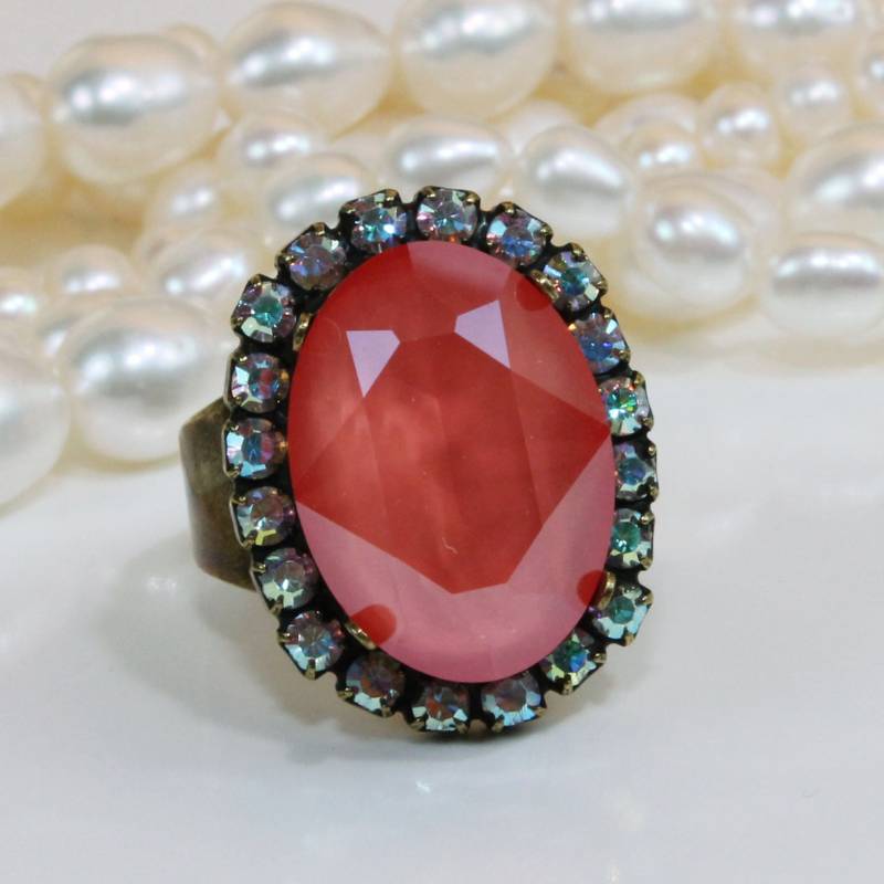 Koralle Ring Schaumkoralle Cocktail Kristall Einstellbar Hochzeit Braut Pfirsich Orange Brautjungfern Geschenk, Messing, Hellkoralle, Br39 von TIMATIBO